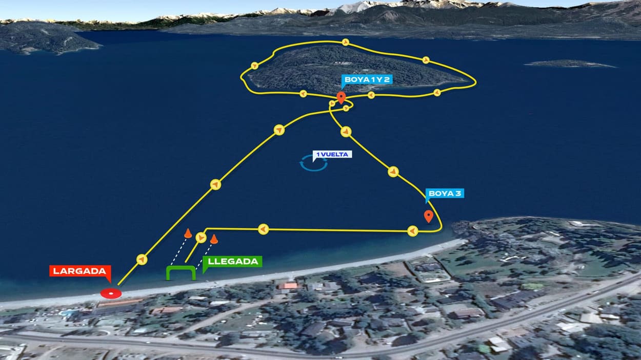 Mapa del recorrido de 6,5 km, con una vuelta completa a la isla Huemul