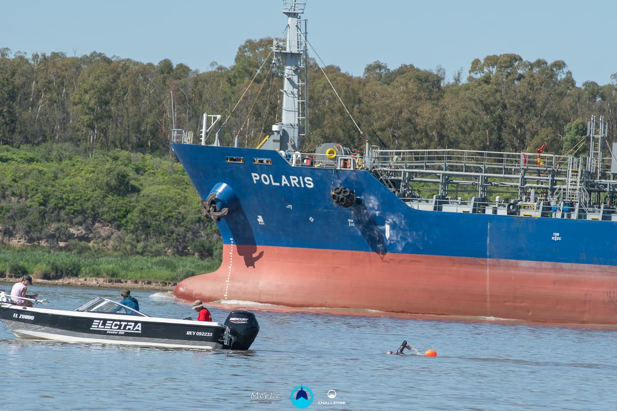 Brazada de un nadador en las aguas del río Paraná